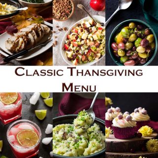 I have a great Thanksgiving menu full of all the classic favorites - turkey, stuffing, cranberry sauce, pie, and more; all updated and fresh. | justalittlebitofbacon.com