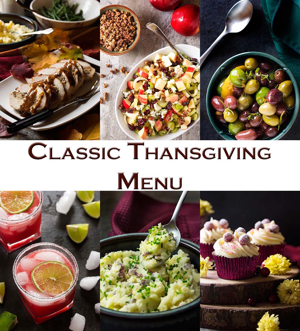 I have a great Thanksgiving menu full of all the classic favorites - turkey, stuffing, cranberry sauce, pie, and more; all updated and fresh. | justalittlebitofbacon.com