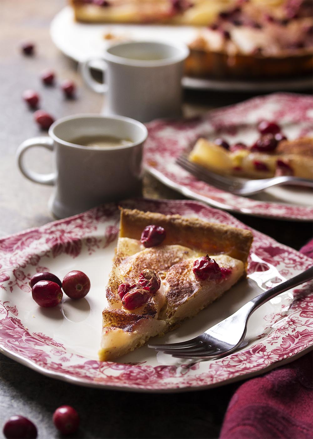 Ripe slices of pears and deep red cranberries combine with a simple custard and a dusting of cinnamon in this pear cranberry tart. Great for the holidays! | justalittlebitofbacon.com