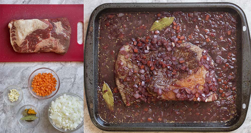 Step by step photos for oven braising beef brisket.