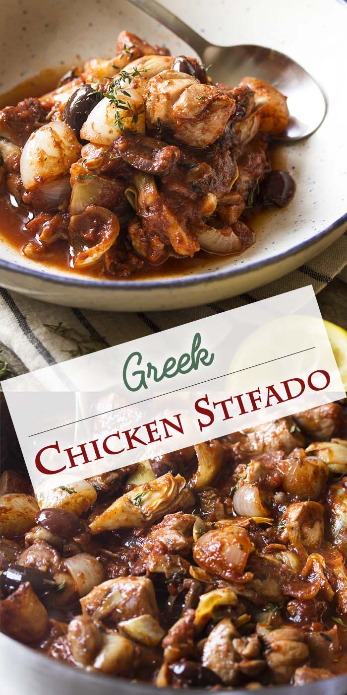 Chicken stifado is a delicious and healthy Greek stew which cooks in 30 minutes, making it easy comfort food for a weeknight. In this stew chicken thighs are marinated in a red and herb marinade then browned and cooked together with artichokes, tomatoes, and plenty of onions. Great over orzo, mashed potatoes, or noodles. | justalittlebitofbacon.com #greekfood #chickendinner #easydinner #stew #chickenstew #chicken