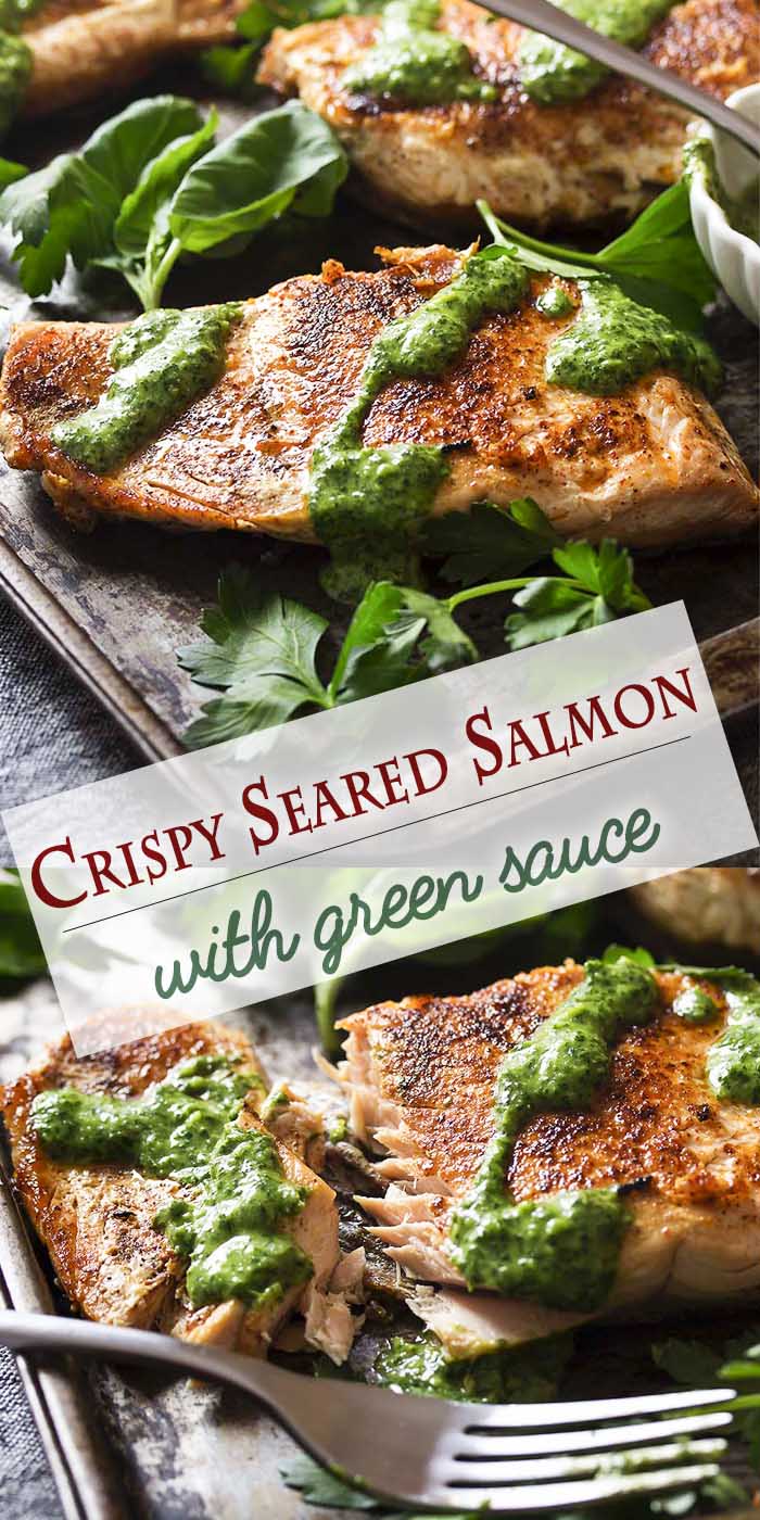 A simple pan searing in a cast iron pan gives my salmon with green sauce golden brown crispy skin worthy of a restaurant dinner! Add in an easy and vibrant sauce full of basil and parsley and you have a delicious and healthy weeknight meal. | justalittlebitofbacon.com #salmonrecipes #fishrecipes #glutenfreerecipes #dinnerrecipes #salmon