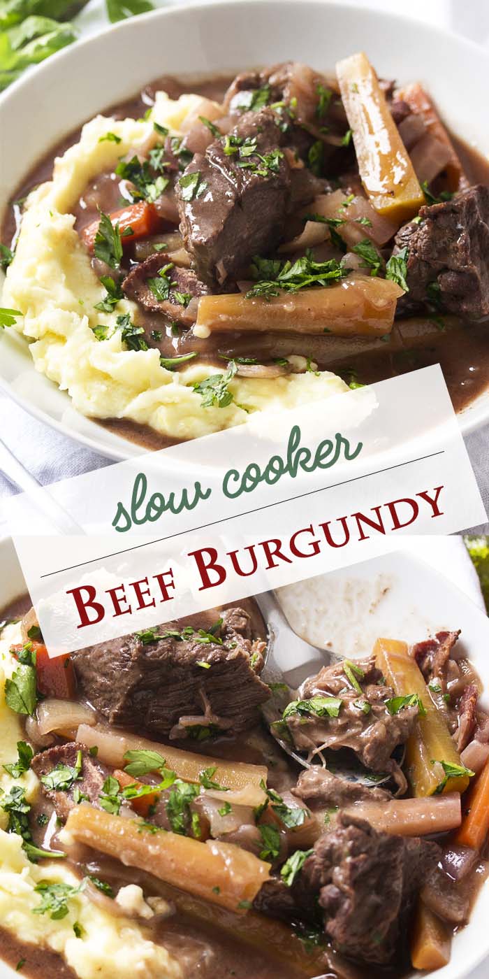 Grab a bottle of Burgundy or Pinot Noir because it's time to make some classic French comfort food! My recipe for slow cooker beef burgundy is wonderful to come home to after a long winter's day - tender beef, bacon, lots of onions, and carrots all in a rich red wine sauce. | justalittlebitofbacon.com #frenchfood #beefstew #slowcooker #crockpot #beefburgundy #frenchrecipes