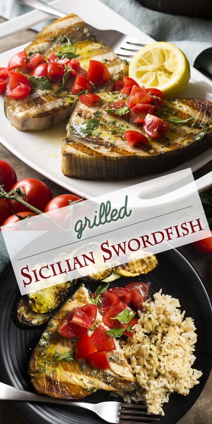 Sicilian swordfish is an easy dinner recipe perfect for a summer's evening. Just fire up the grill to cook your summer squash and then the swordfish steaks, top it all with a tangy lemon and olive oil oregano sauce and some diced tomatoes, and you have a meal! | justalittlebitofbacon.com #italianfood #dinnerrecipes #fishrecipes #swordfish #grilling 
