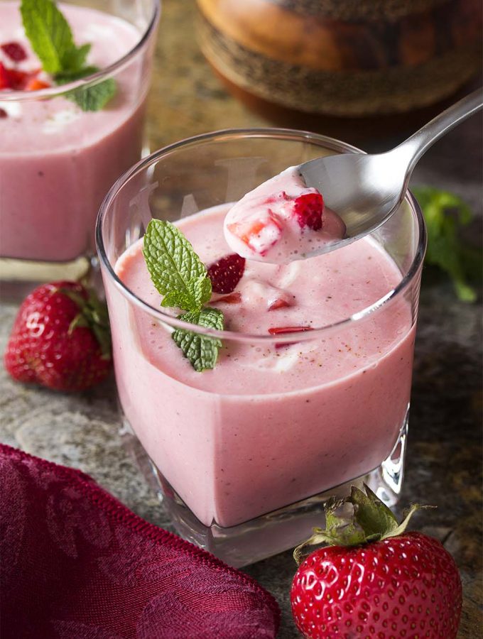 Chilled strawberry soup is a great cold summer appetizer. It's full of ripe fruit, Greek yogurt, and just enough mint to be tangy, sweet, and refreshing.