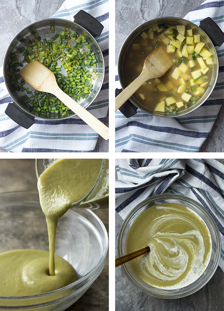 Step by step photos of how to make garlic scape vichyssoise.