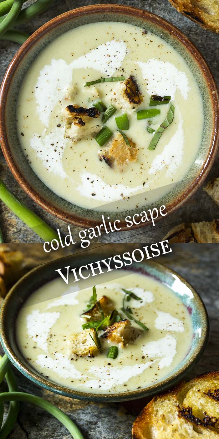 Wondering how to use garlic scapes? A great way to use them is to make a cold garlic scape soup! Perfect for summer and easy to make ahead. Scapes and leeks sauteed in butter and simmered with potatoes make a great twist on the classic French vichyssoise. | justalittlebitofbacon.com #summerrecipes #souprecipes #garlicscapes #frenchrecipes #vichyssoise #coldsoup