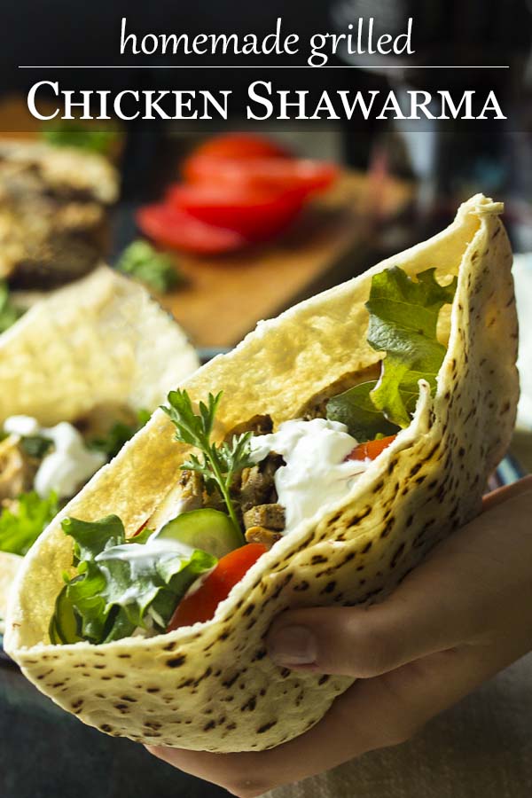 Make your own shawarma wraps! My recipe for homemade grilled chicken shawarma features an intensely flavorful Mediterranean marinade, quick pickled cucumbers, and a tasty yogurt garlic sauce you'll want to put on everything. | justalittlebitofbacon.com #shawarma #chickenrecipes #mediterraneandiet #grilling #middleeastern
