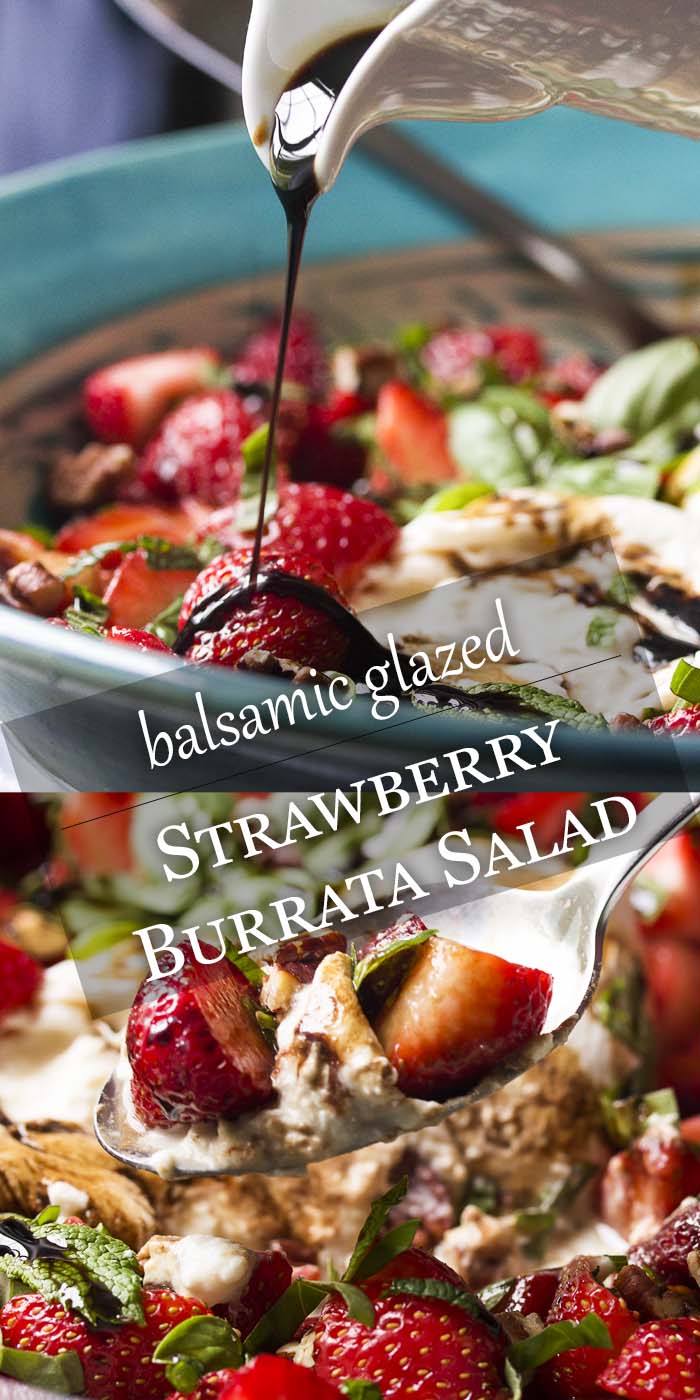 Dive into summer with this easy strawberry burrata salad! Fresh strawberries and creamy burrata are tossed with mint, basil, and pecans then topped with a honey balsamic glaze. | justalittlebitofbacon.com #summerrecipes #strawberries #saladrecipe #burrata