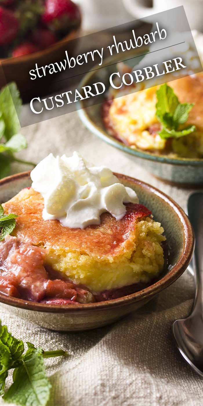 What do you get when you combine a custard pie and fruit cobbler? A strawberry rhubarb cobbler with custard filling! Delicious, creamy, and full of fruit. | justalittlebitofbacon.com #summerrecipes #strawberries #rhubarb #cobbler #dessertrecipes