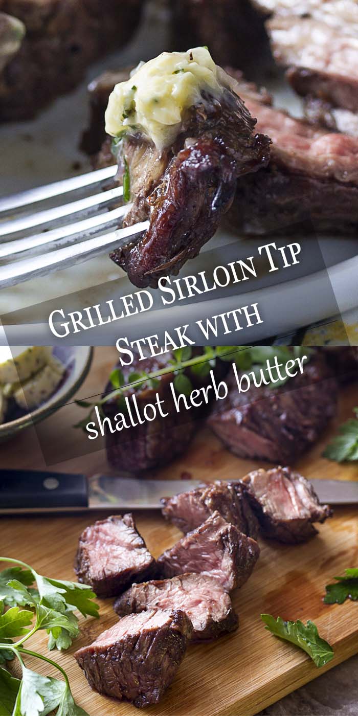 Juicy and packed full of beefy flavor, grilled sirloin tip steaks topped with an amazing herb and shallot compound butter are an easy weeknight dinner which won't heat up your house. | justalittlebitofbacon.com #summerrecipes #steak #grillrecipes #compoundbutter #easydinner