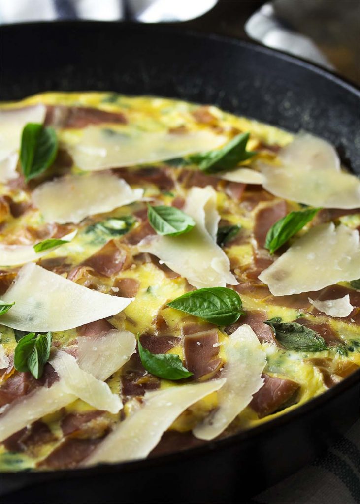 Leek frittata with mustard greens and prosciutto is a great, easy cast iron recipe for breakfast, brunch or dinner. Switch it up by using spinach or kale. Serve hot or at room temperature.