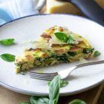 Leek frittata with mustard greens and prosciutto is a great, easy cast iron recipe for breakfast, brunch or dinner. Switch it up by using spinach or kale. Serve hot or at room temperature.