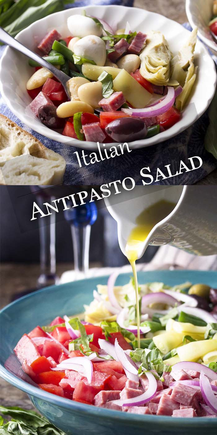 For an easy dinner, serve Italian antipasto salad full of chopped beans and tomatoes, marinated artichoke hearts, salami, fresh mozzarella and all topped with homemade dressing. | justalittlebitofbacon.com #italianrecipe #saladrecipe #antipasto #italian #salad