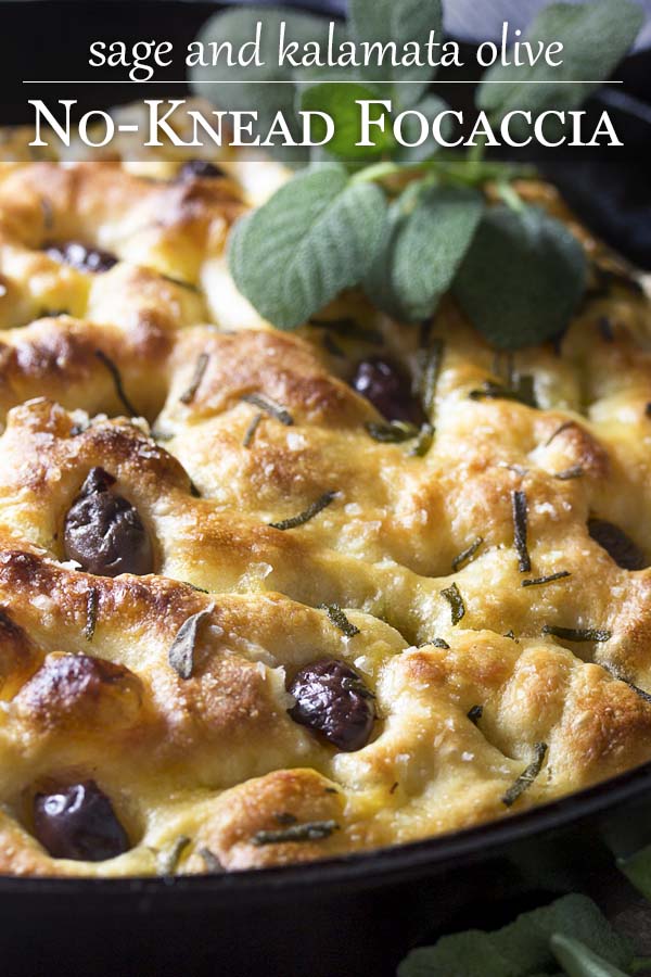 No-knead bread is so easy to make! Just stir everything together, let it rise, and bake. This recipe for sage and olive focaccia is baked right in a cast iron skillet for a soft and chewy interior and crispy crust. | justalittlebitofbacon.com #breadrecipes #focaccia #italianrecipe #castiron #nokneadbread