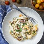 You'll love this easy, homemade recipe for chicken fettuccine alfredo! Here is a skillet dinner all made in one pot full of creamy sauce, tomatoes, and bacon. | justalittlebitofbacon.com #pasta #pastarecipe #italianrecipe #chickenalfredo #alfredo #onepotmeal #skilletdinner