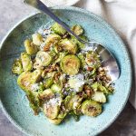 Simple, healthy, and easy! These roasted brussels sprouts with balsamic, parmesan, and walnuts are the best ever and make a great side dish. Perfect for weeknights, holidays, and parties. | justalittlebitofbacon.com #sidedish #vegetables #brusselsprouts #holidayrecipe