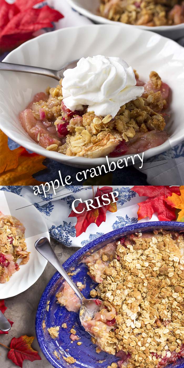 Dessert in baking pan and bowl with text overlay - Apple Cranberry Crisp.