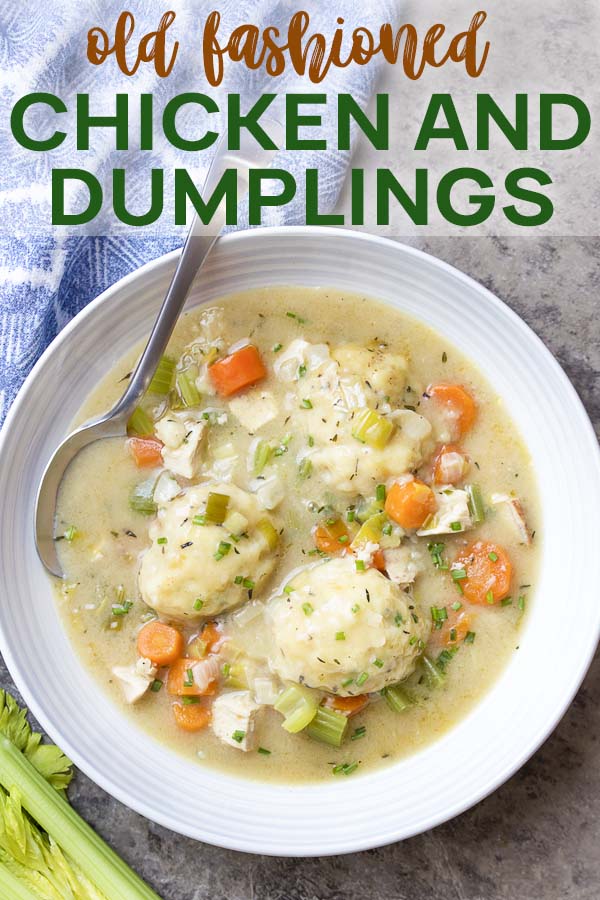 A bowl of thick soup topped by biscuits with text overlay - Chicken and Dumplings.