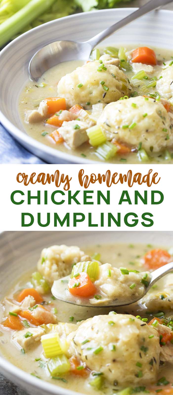 Chicken soup and dumplings in a wide bowl with text overlay - Chicken and Dumplings.