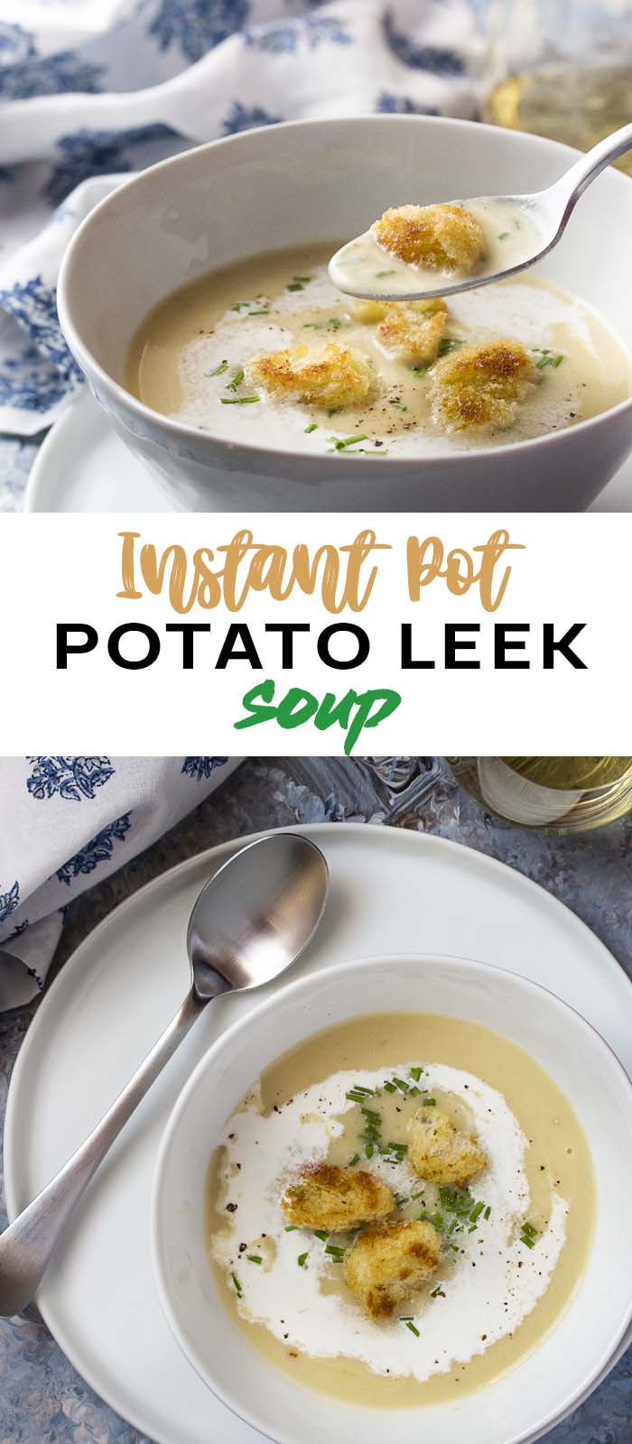 Potato soup in a white bowl with a spoon with text overlay - Potato Leek Soup.