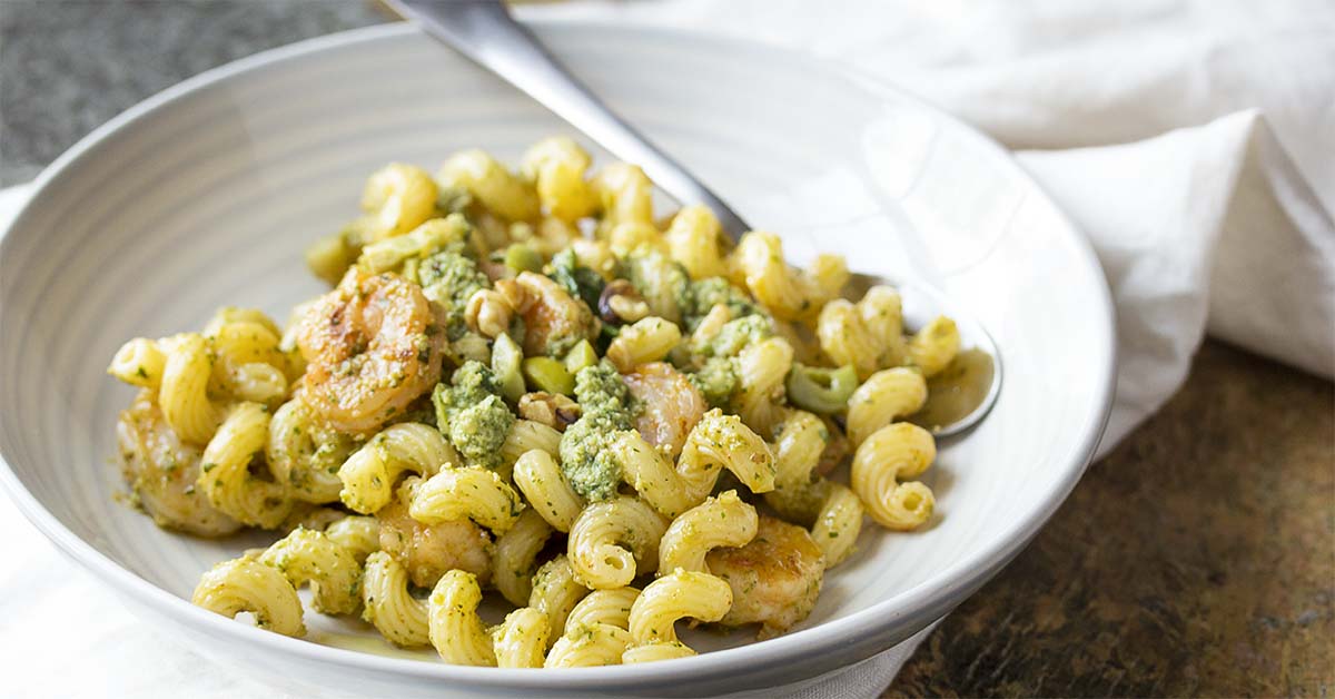 Shrimp Pesto Pasta with Walnuts - Just a Little Bit of Bacon