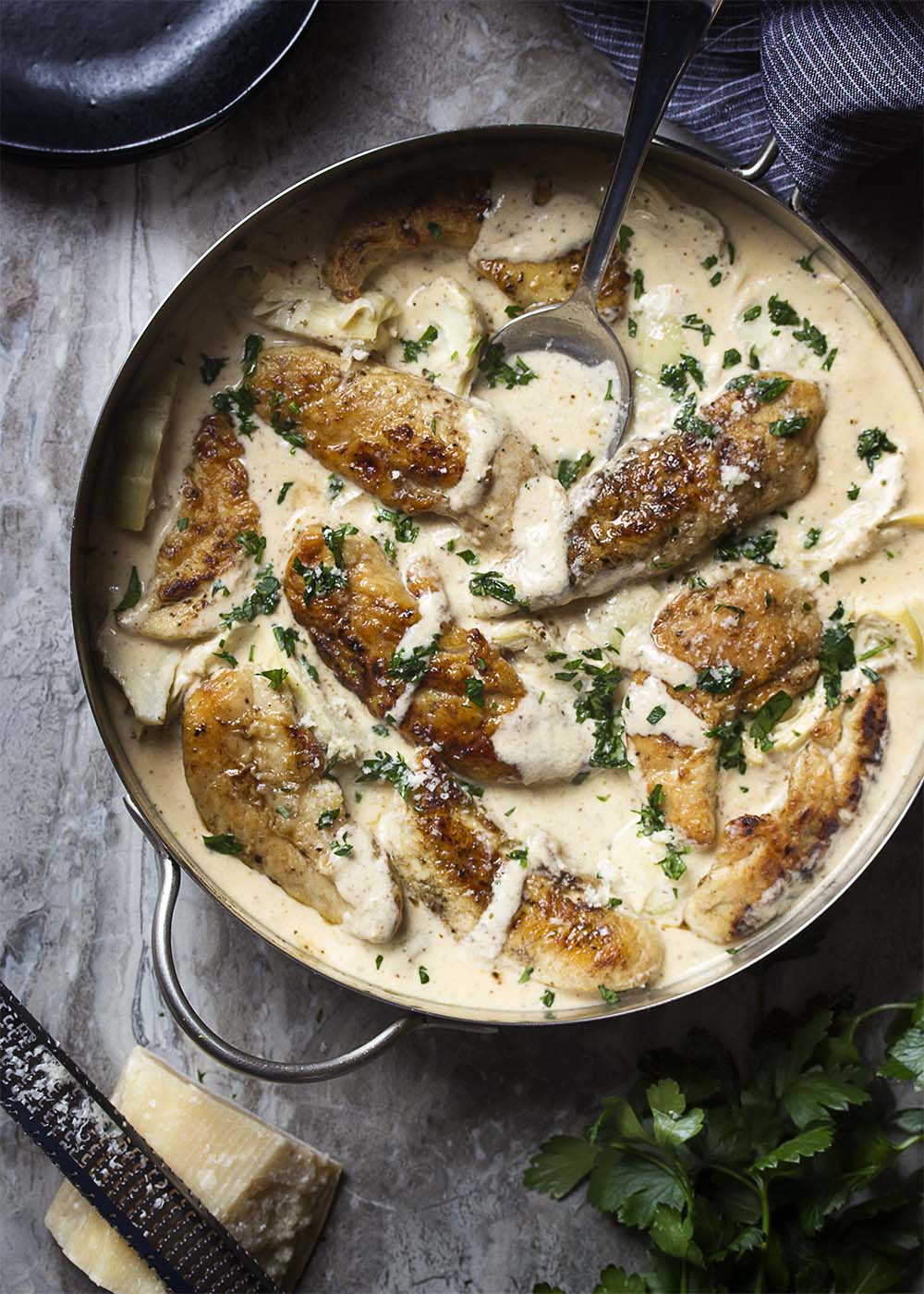 Creamy Skillet Chicken and Artichokes - Just a Little Bit of Bacon