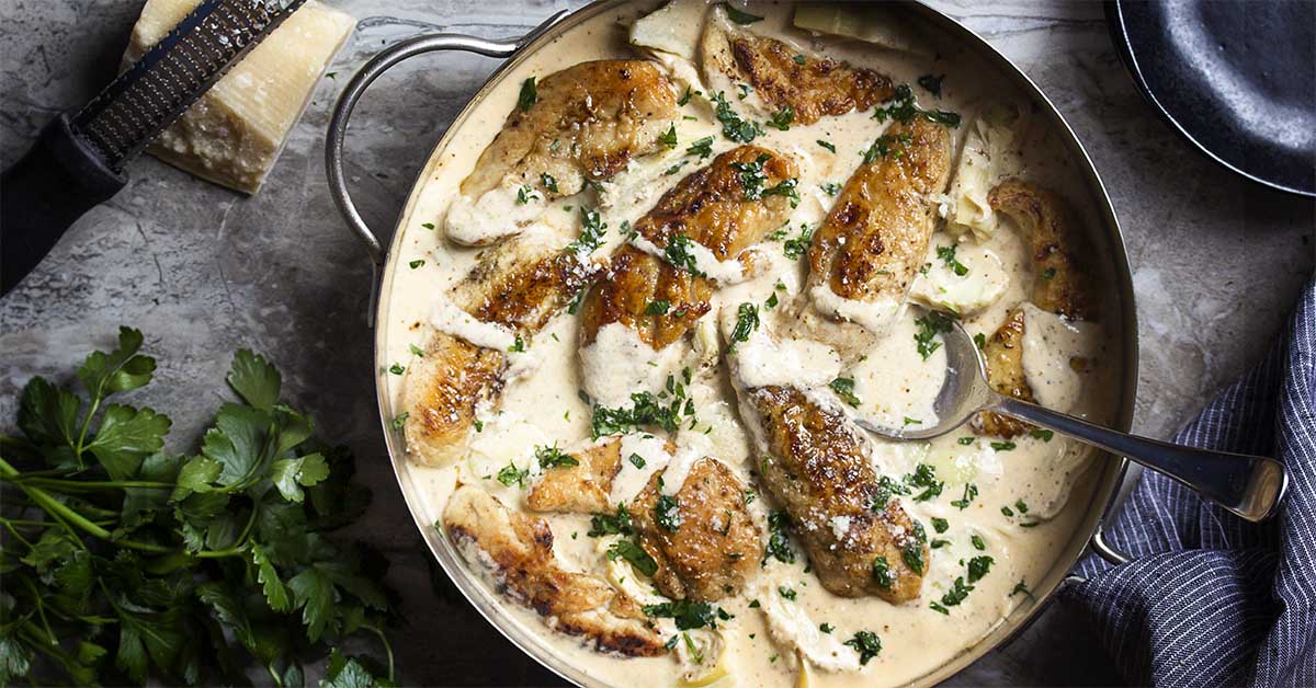 Creamy Skillet Chicken and Artichokes - Just a Little Bit of Bacon