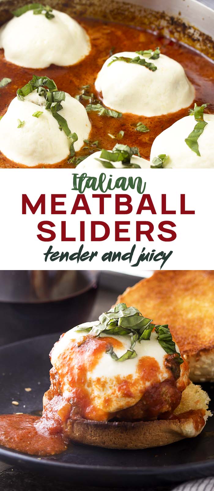 Slider on a bun and covered with sauce and cheese with text overlay - Meatball Sliders.