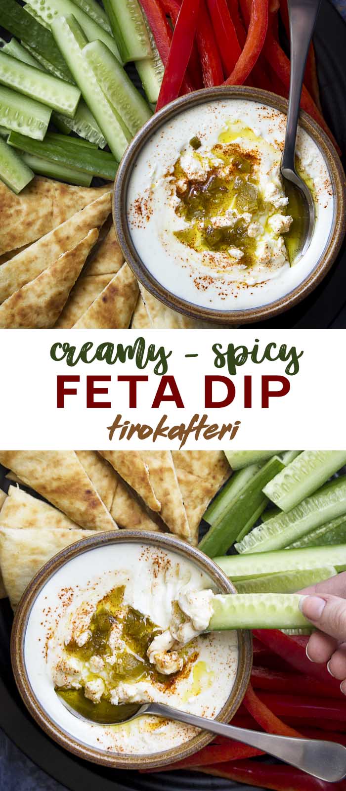 Bowls of dip surrounded by veggies and bread with text overlay - Feta Dip.