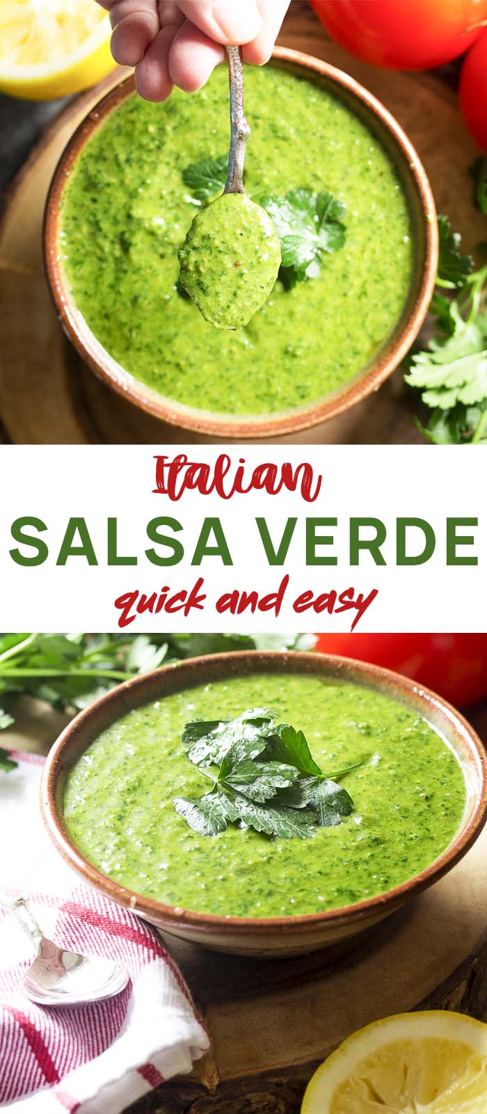 Green herb sauce in a spoon over a bowl with text overlay - Salsa Verde.