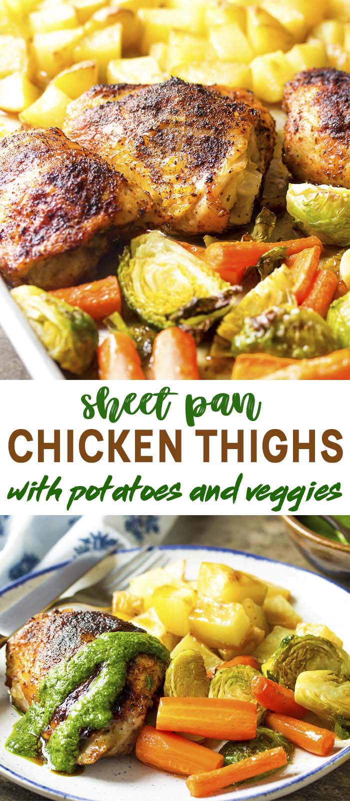 Chicken, vegetables, and green sauce on a plate with text overlay - Sheet Pan Roast Chicken.