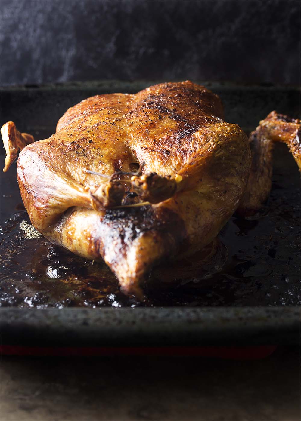 Roasted duck with deep brown crispy skin in a roasting pan.