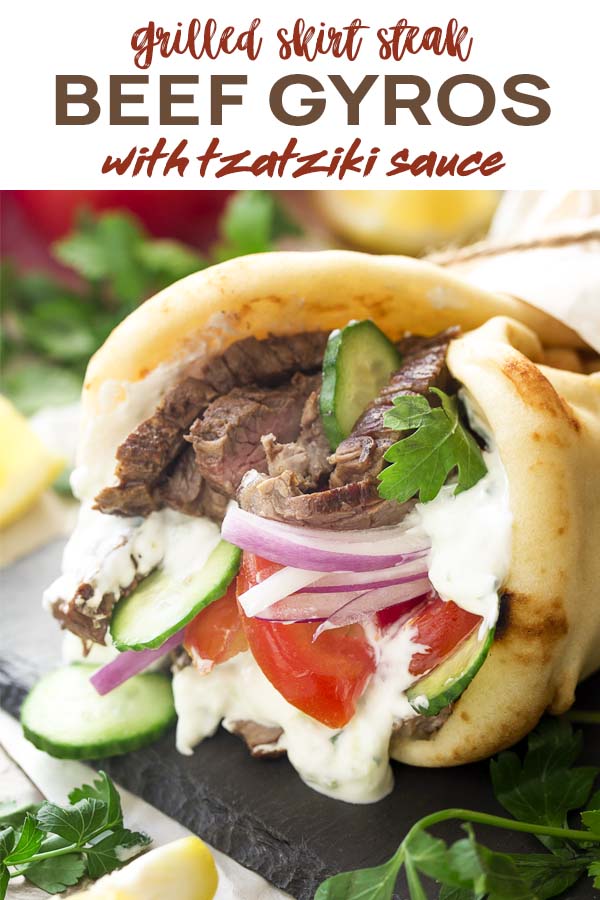 Close up of a gyro wrap with text overlay - Beef Gyros