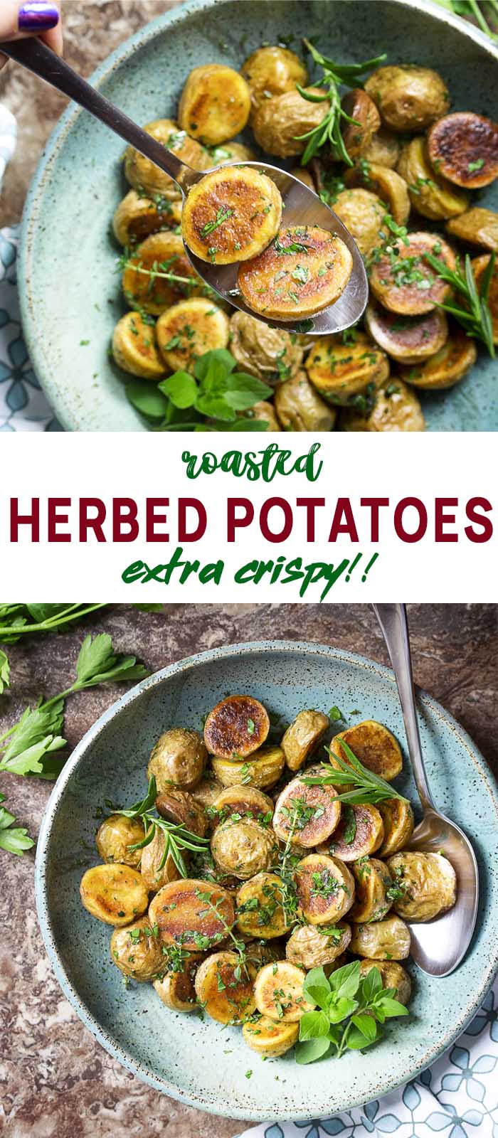Roasted potatoes in a bowl and a spoon with text overlay - Herbed Potatoes.