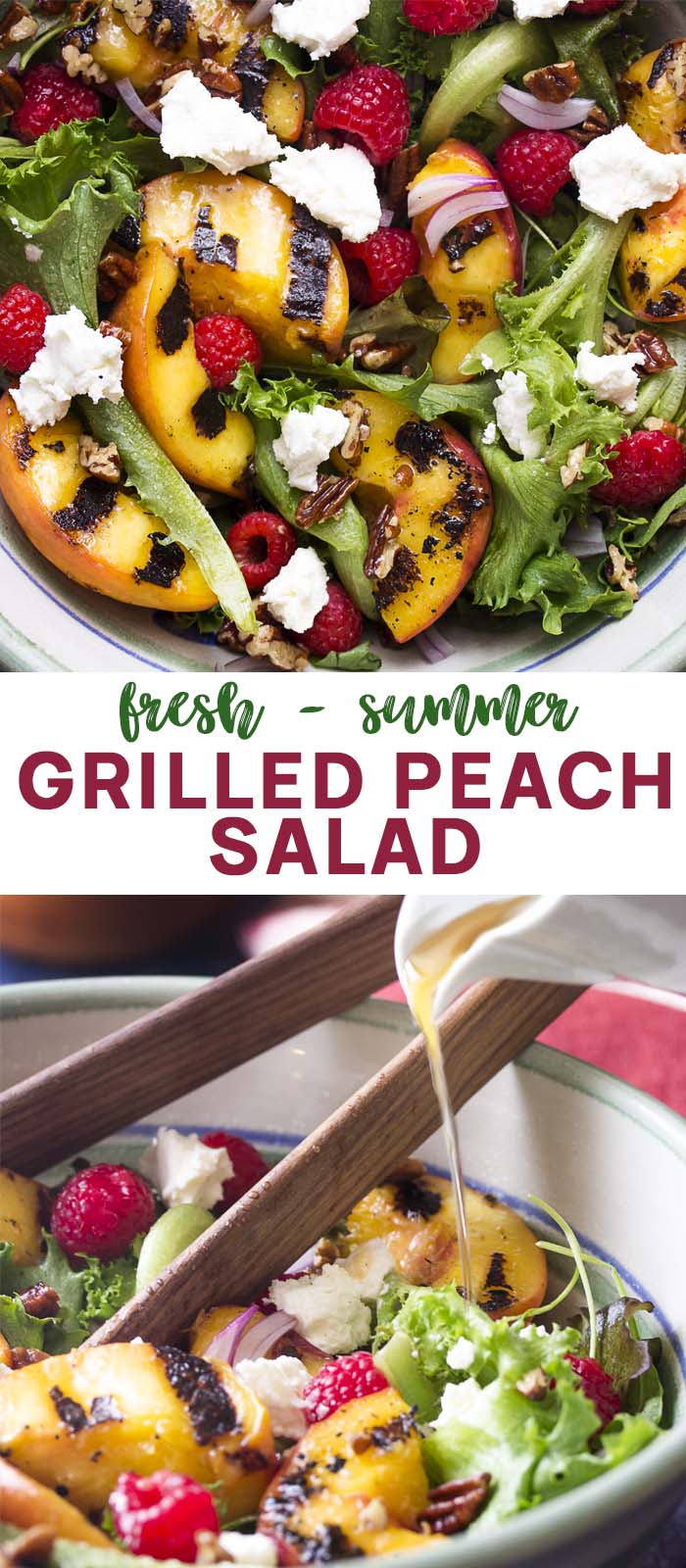 Two views of a serving bowl of salad with text overlay - Grilled Peach Salad.
