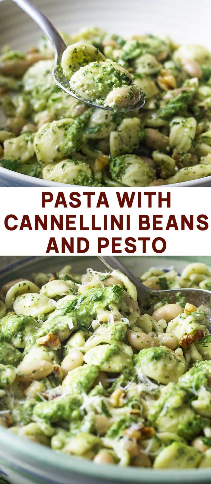Two view of recipe in serving bowl with text overlay - Pasta with Cannellini Beans and Pesto.