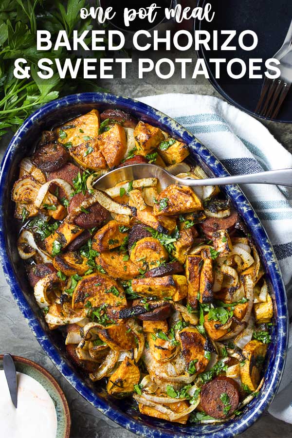 Casserole in baking dish and on plate with text overlay - Chorizo and Sweet Potato Bake.