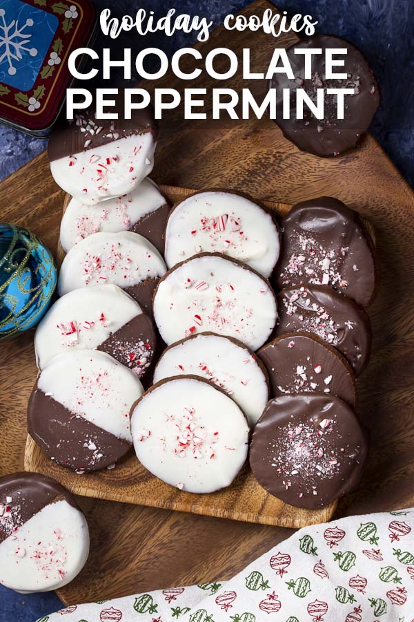 A tray of cookies with text overlay - Chocolate Peppermint Holiday Cookies.