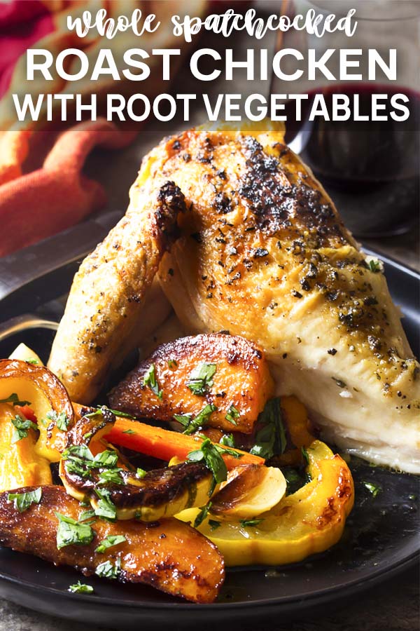A black plate filled with food and text overlay - Roast Chicken with Root Vegetables.