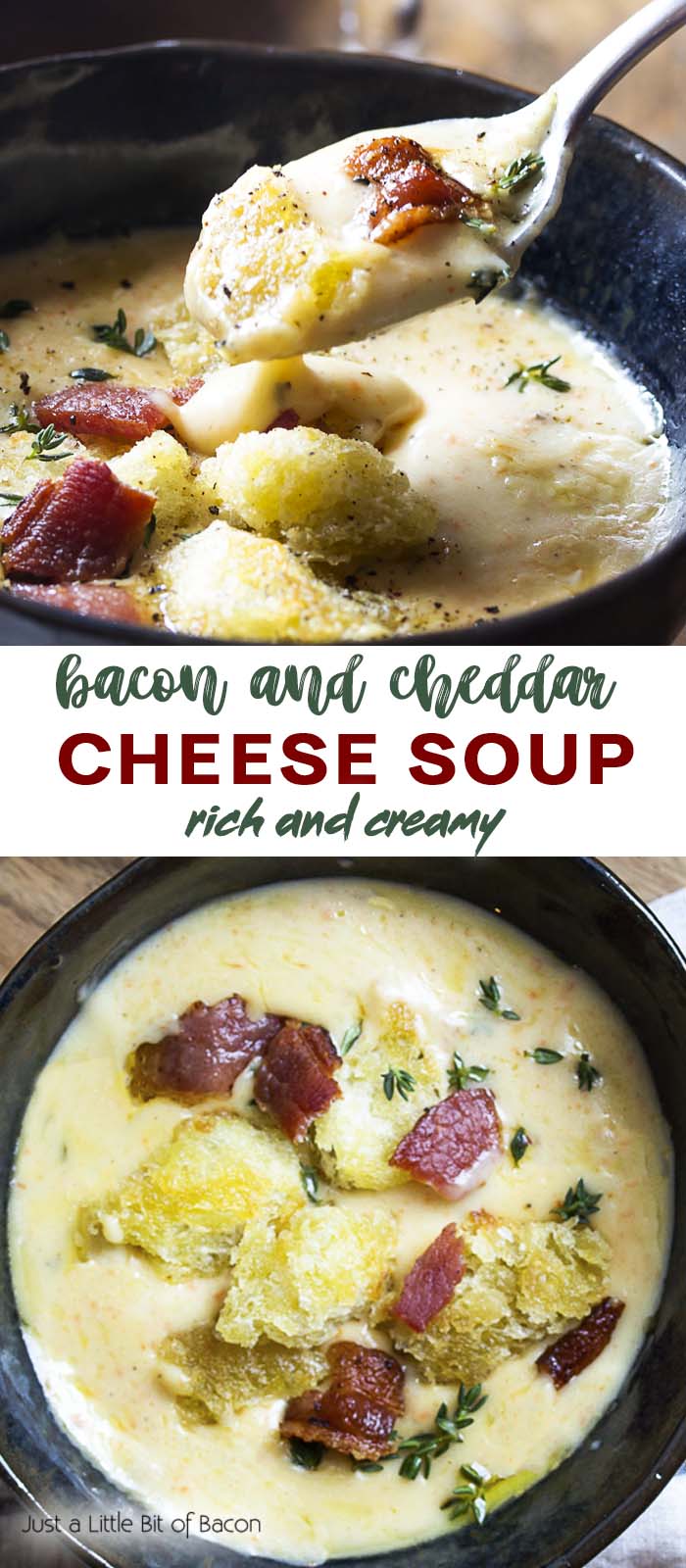 Two views of soup in a bowl and spoon with text overlay - Bacon and Cheddar Cheese Soup.