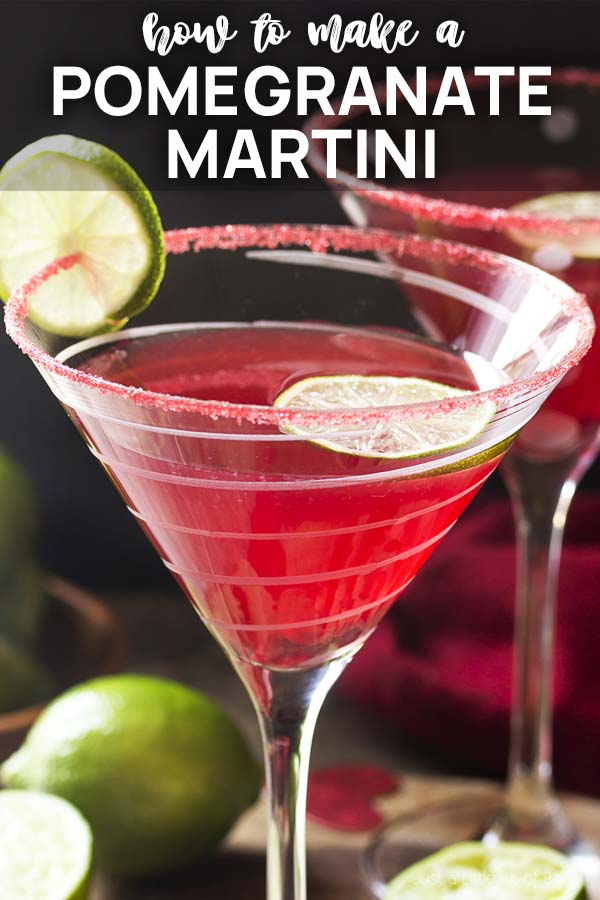 For the perfect holiday drink, try my vodka pomegranate martini cocktail! This easy recipe is well balanced, not too sweet, and simple to make. Great for Christmas, Valentine's Day, or any day you want a little something. | justalittlebitofbacon.com #cocktails #drinks #cocktailrecipes #drinkrecipes #pomegranate #martini #martinirecipes Close up of a pink cocktail with text overlay - How to Make a Pomegranate Martini.