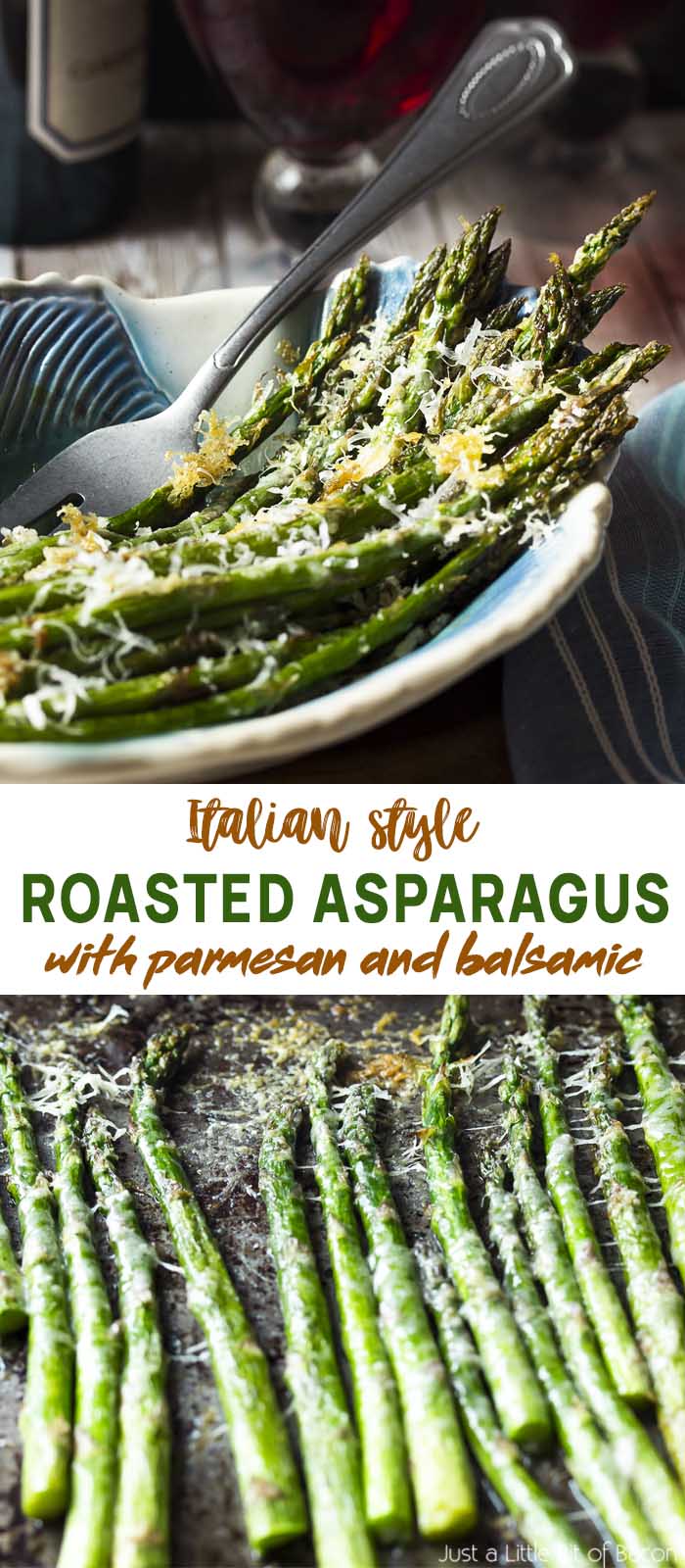 Recipe in a serving bowl and on a baking tray with text overlay - Roasted Asparagus.