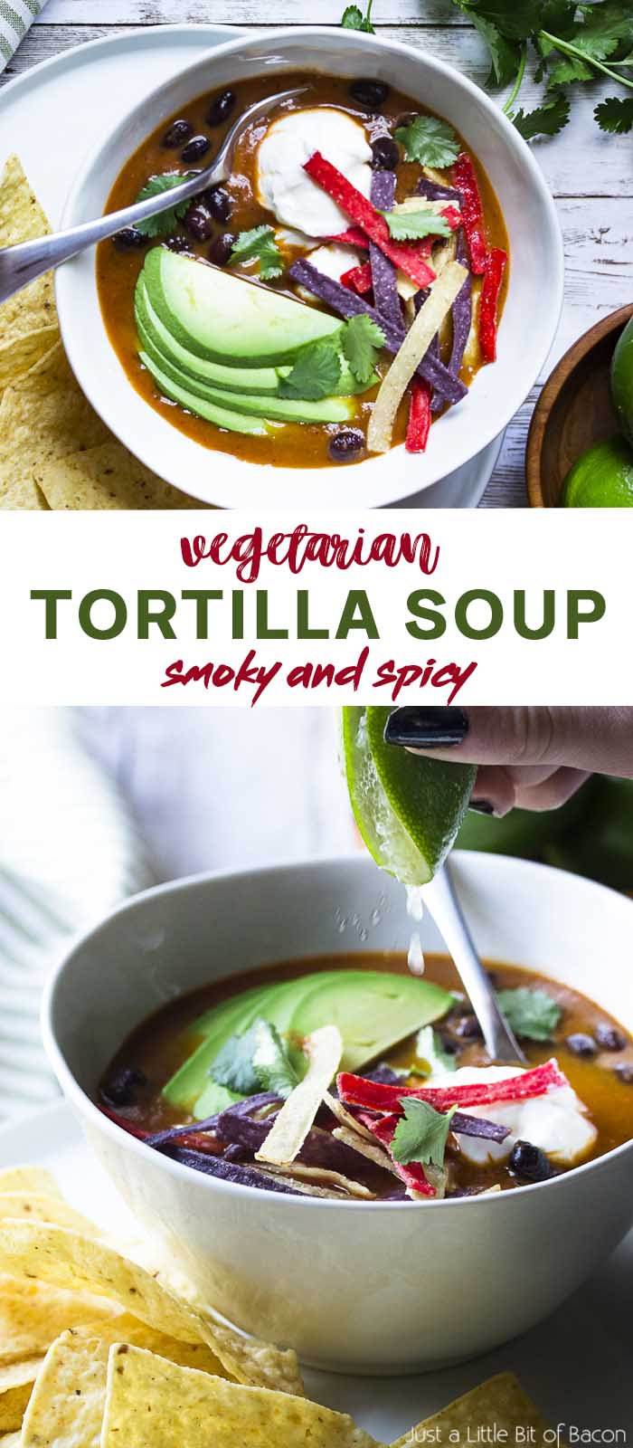 Soup in white bowl with toppings and text overlay - Vegetarian Tortilla Soup.