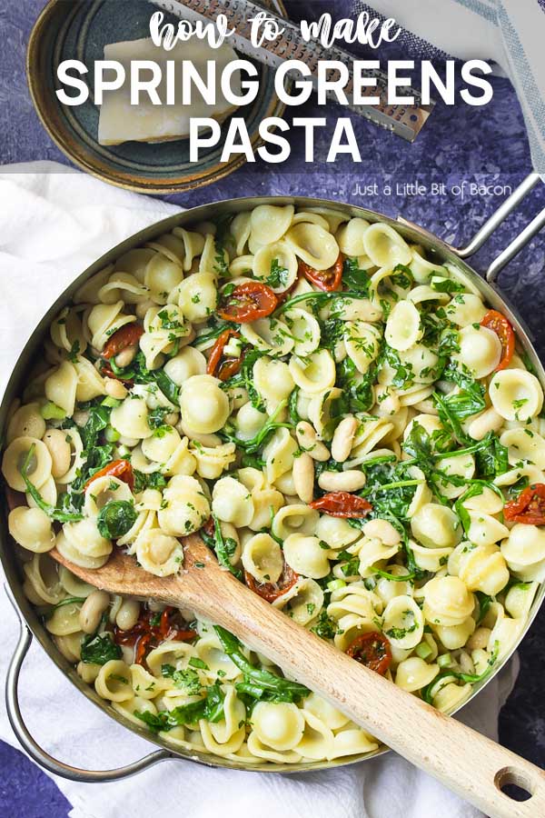 Recipe in skillet with serving spoon and text overlay - Spring Greens Pasta.