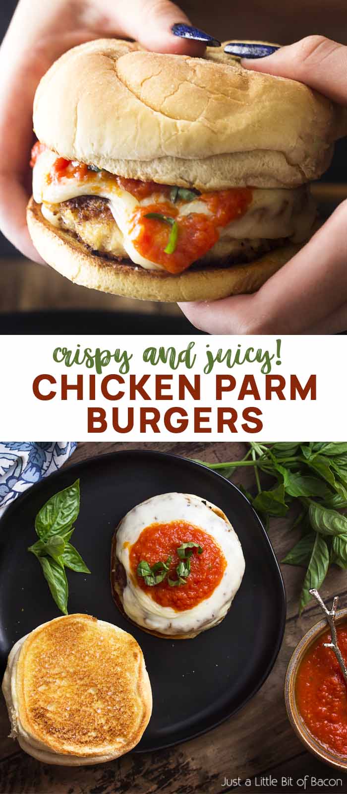 Hands holding a burger and open on a plate with text overlay - Chicken Parm Burgers.