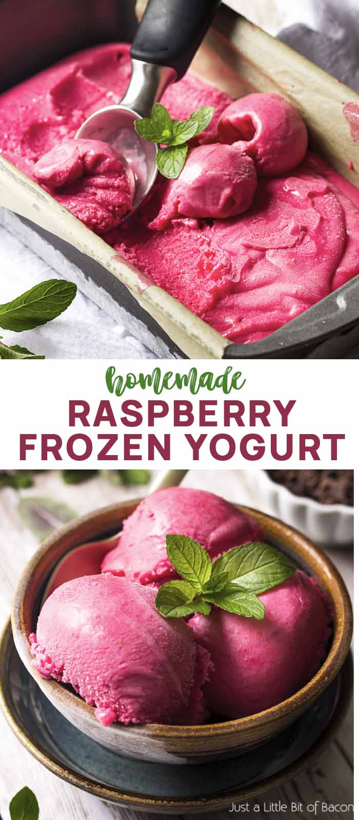 Metal loaf pan and bowl of deep pink frozen yogurt with text overlay - Raspberry Frozen Yogurt.