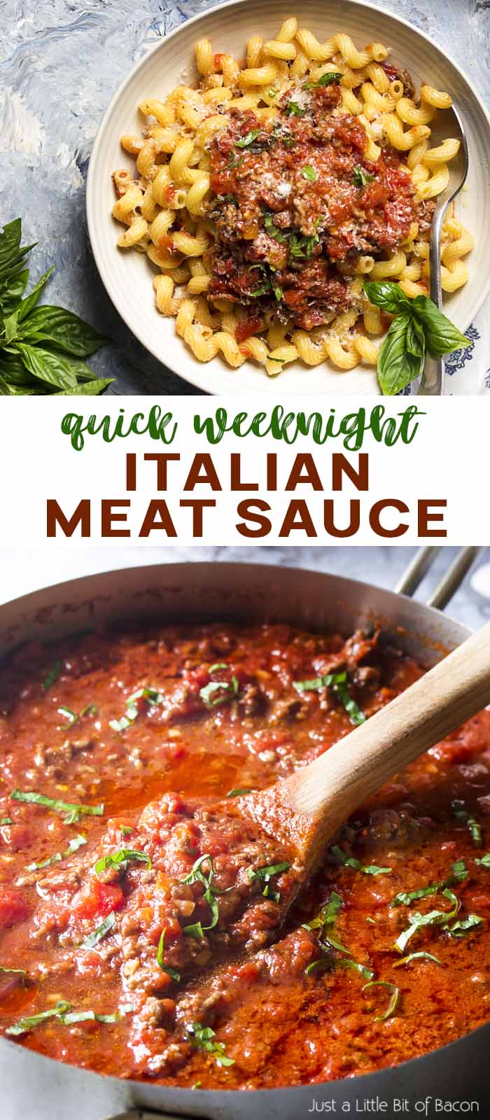 Sauce in the pot and on pasta with text overlay - Italian Meat Sauce.