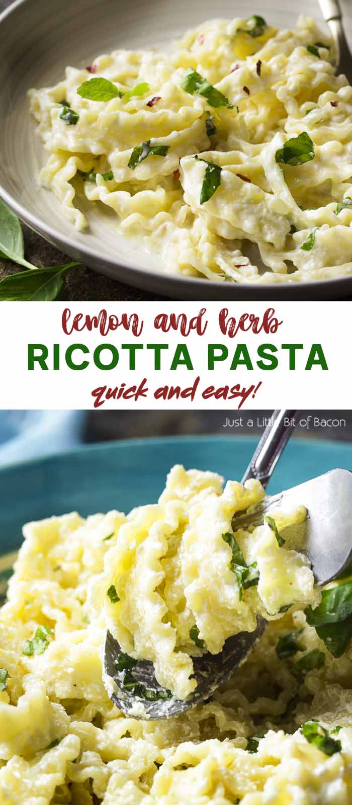 Two views of creamy pasta in a bowl with text overlay - Ricotta Pasta.