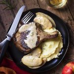 Thick Cut Pan Seared Pork Chops with Apples and Cream